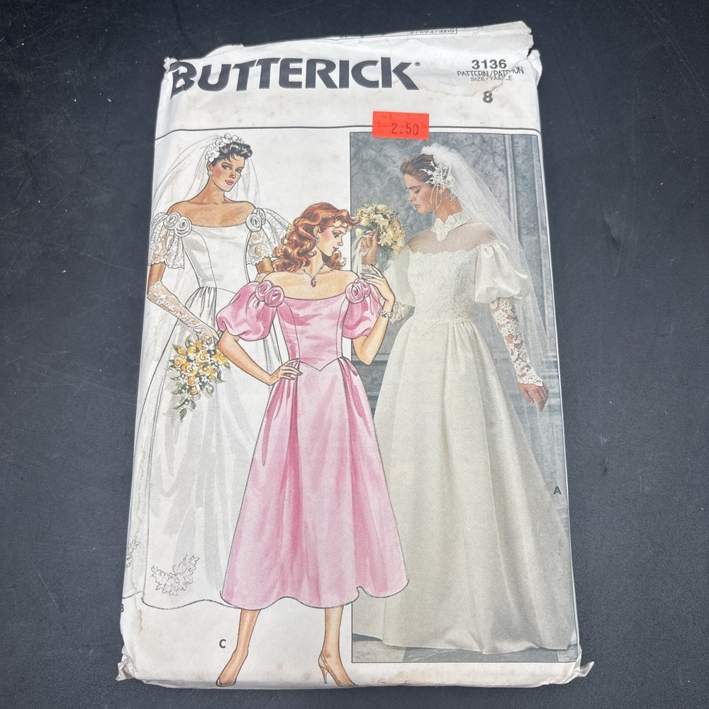 Butterick Pattern 3136 Miss 80s Wedding/Bridesmaid Dress Size 8 UC Puff Sleeves
